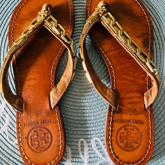 Tory burch sandals thong brown gold leather - Picture 2 of 4